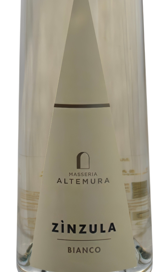 "Zinzula" Bianco Salento IGT Masseria Altemura Zinzula Bianco Salento IGT in transparenter Flasche mit hellem Dreiecksetikett und Glaskorken.