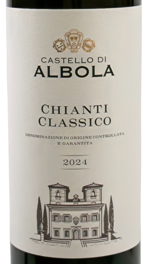 Chianti Classico DOCG BIO Castello di Albola Chianti Classico DOCG 2024 in dunkelgrüner Flasche mit bordeauxroter Kapsel und cremefarbenem Etikett.